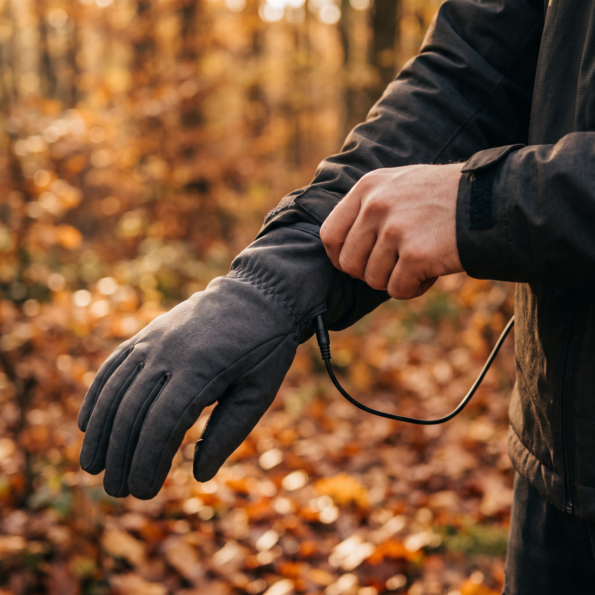 Pulling on a heated glove with the cable running up the sleeve