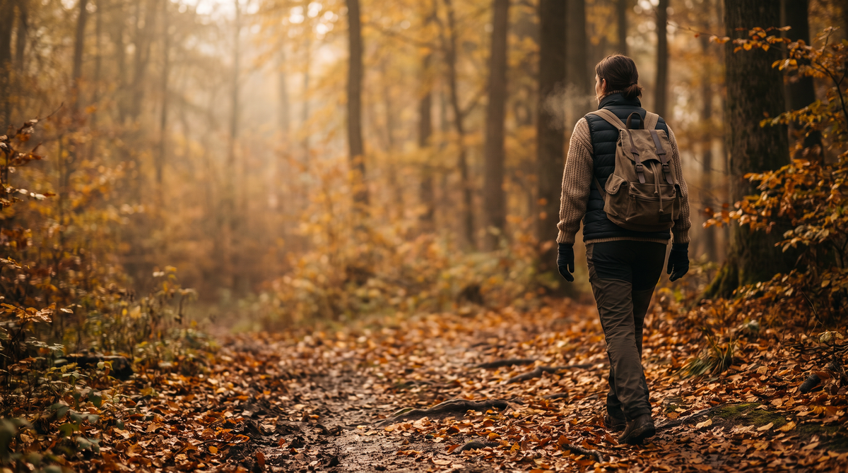 Woman hiking an autumn forest trail in an EmberThreads heated vest