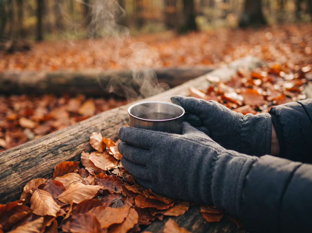Hands in EmberThreads heated touchscreen gloves holding a camp mug