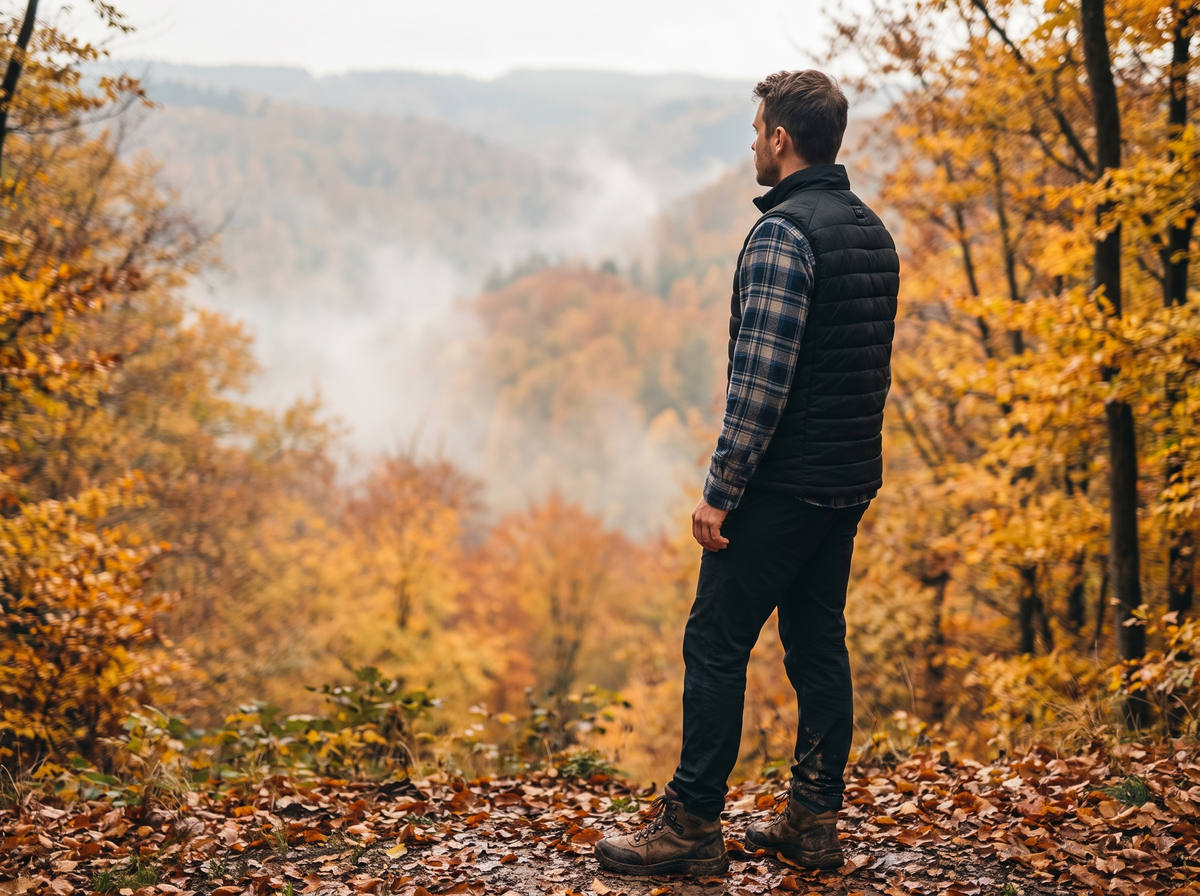 Man in an EmberThreads heated vest at an autumn viewpoint