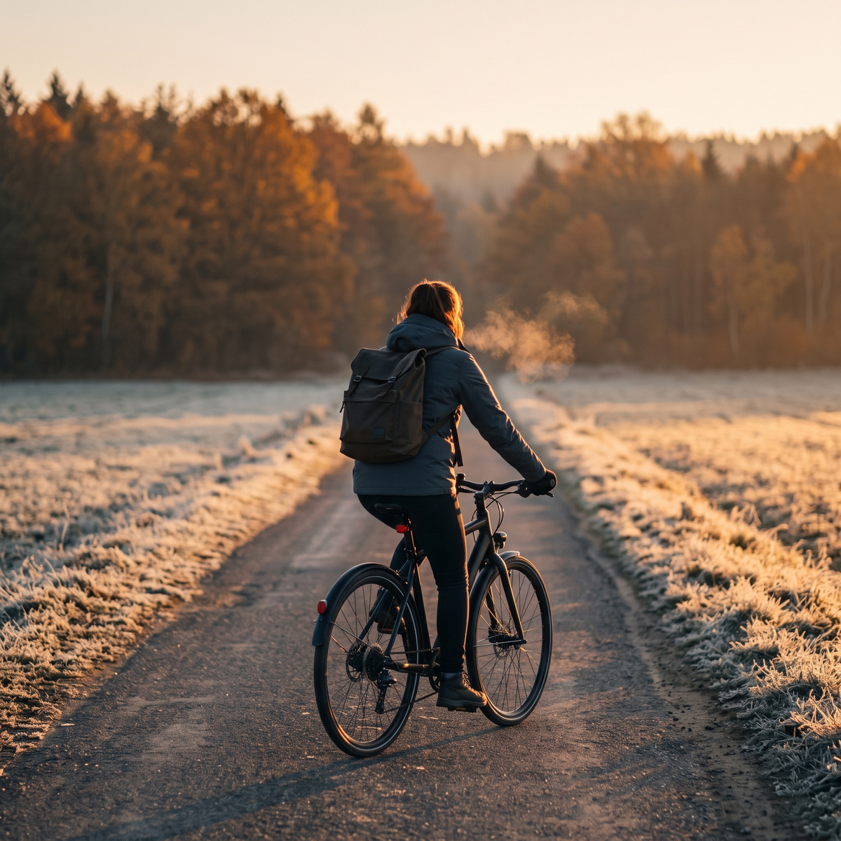 Cyclist riding past frosty fields at sunrise in heated gloves