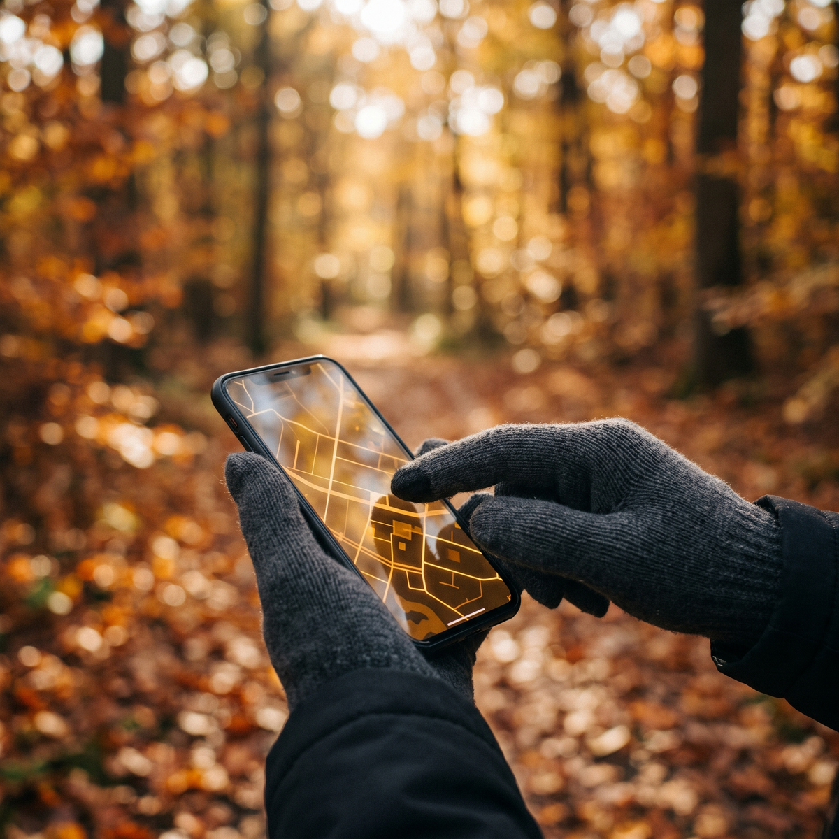 Gloved hand tapping a phone on an autumn trail