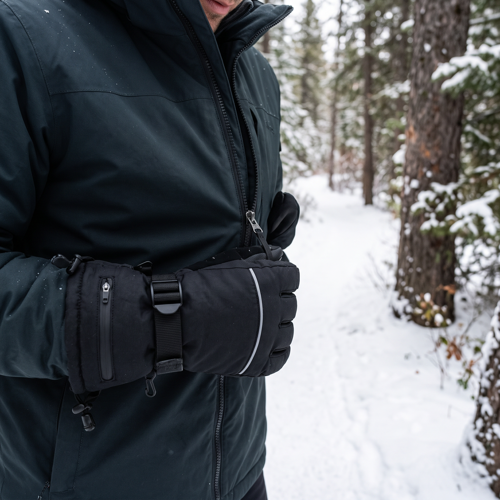 Heated winter gloves on a snowy trail