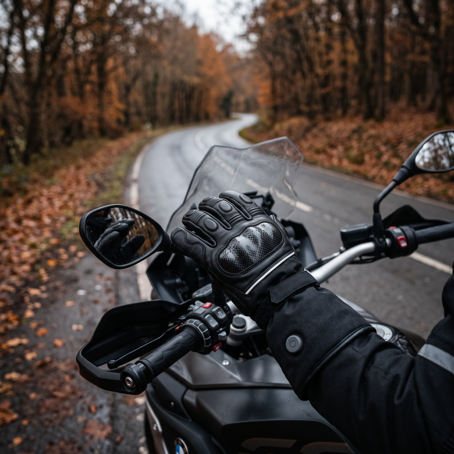 Heated leather motorcycle gloves on the grips