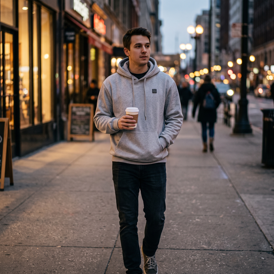 Heated hoodie worn on a cold city evening