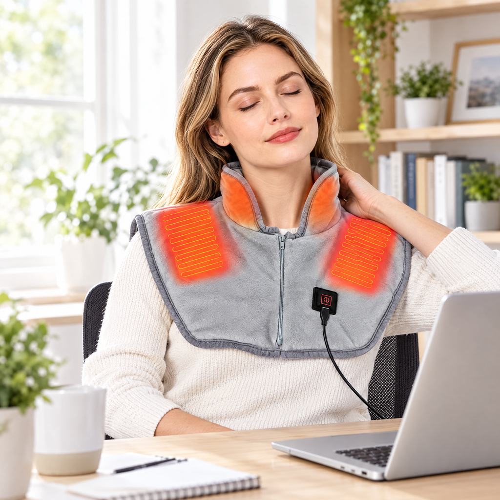 USB Heated Neck and Shoulder Wrap in use